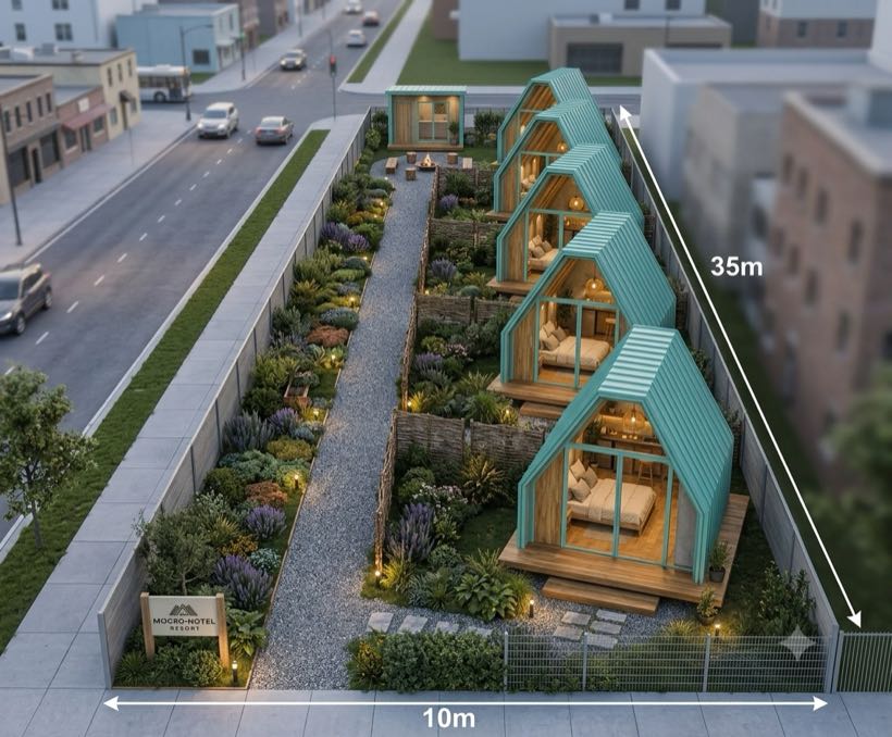 Render de un conjunto de cinco minicasas en un lote urbano de 10 × 35 m, con jardín y andador central
