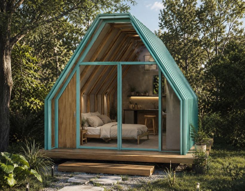 Modelo Bosque de Xhantli: minicasa con fachada de vidrio, interior en madera y terraza, en un claro del bosque