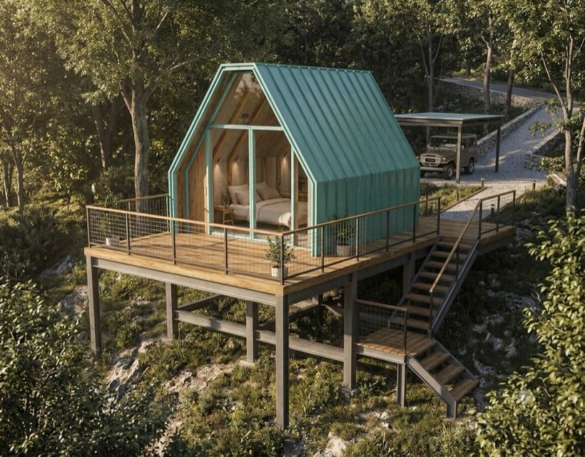 Minicasa sobre plataforma metálica con terraza de madera en medio del bosque