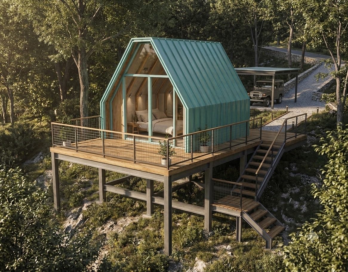 Minicasa elevada sobre plataforma metálica con terraza y escalera, en un terreno boscoso con pendiente